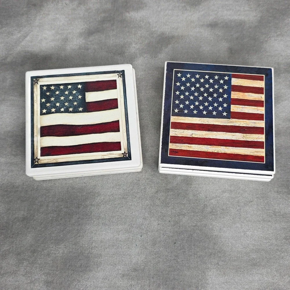 (X7)‎ Stoneware Coaster Set American Flag Patriotic Americana 2 Designs